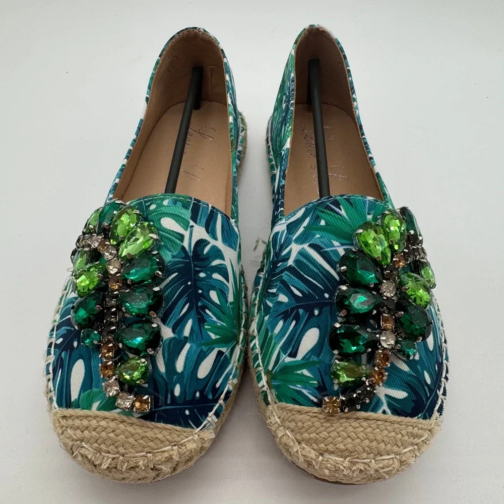 Lauren Lorraine Green Multi Tropical Jeweled Espadrille Flats Women's Size 6 New